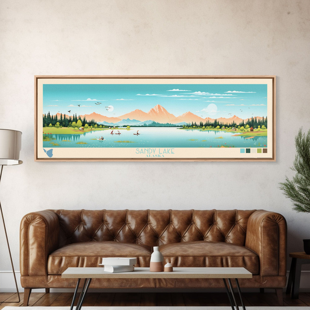 Sandy Lake, Alaska Framed Canvas Print, Panoramic Travel Poster, Midcentury Modern Art, Living Room Decor, Pop Art, Wall Art