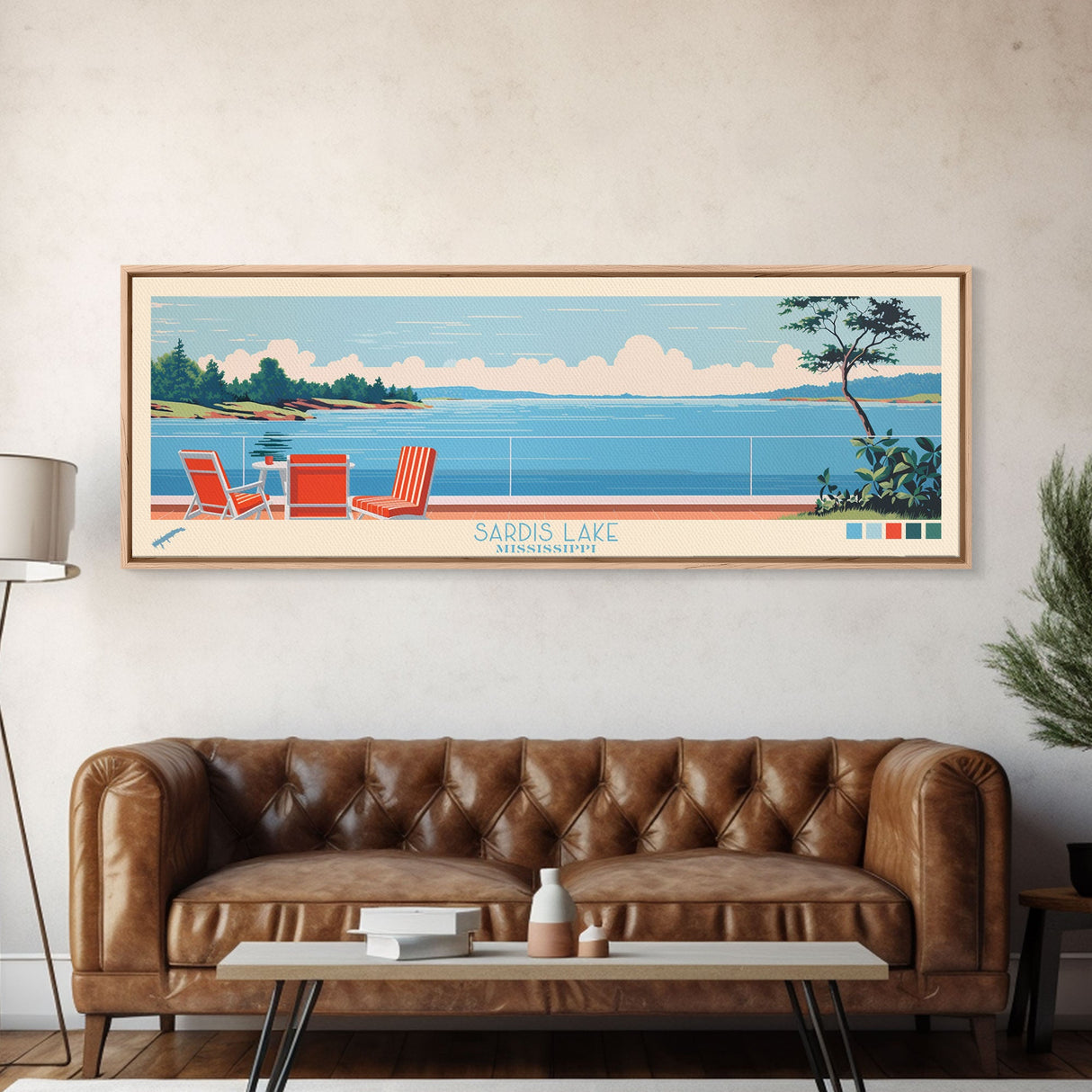 Sardis Lake, Mississippi Framed Canvas Print, Panoramic Wall Art, Midcentury Modern Decor, Bedroom Art, Pop Art, Travel Poster