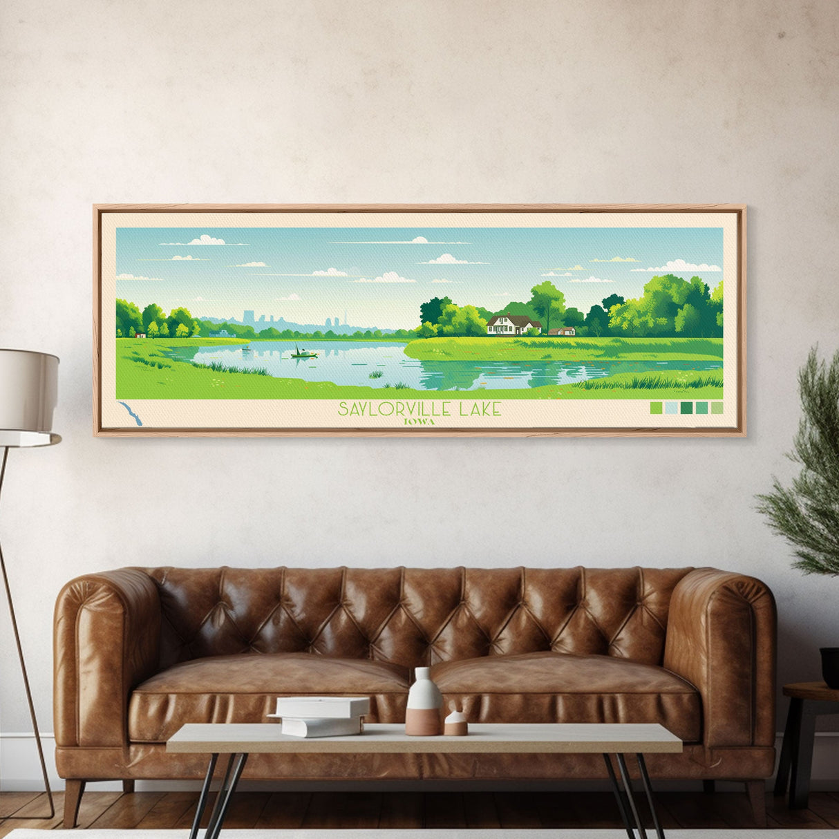 Saylorville Lake, Iowa Framed Canvas Print, Panoramic Travel Poster, Midcentury Modern Art, Home Decor, Pop Art, Bedroom Decoration