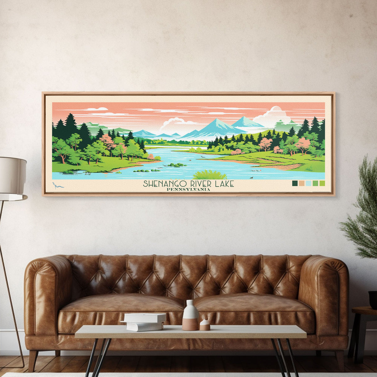 Shenango River Lake, Pennsylvania Framed Canvas Print, Panoramic Travel Poster, Midcentury Modern Art, Wall Art, Pop Art, Home Decoration