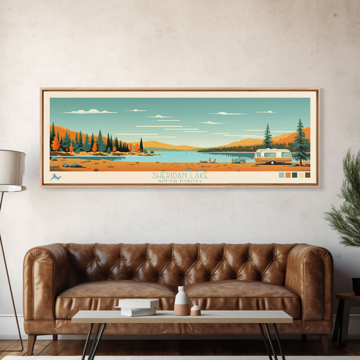 Sheridan Lake, South Dakota Framed Canvas Print, Panoramic Wall Art, Midcentury Modern Decor, Pop Art, Travel Poster, Living Room Decoration