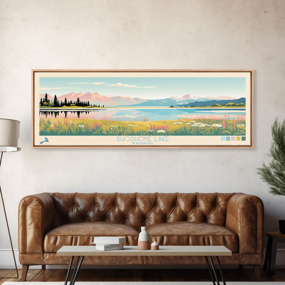 Shoshone Lake, Wyoming Framed Canvas Print, Panoramic Wall Art, Midcentury Modern Decor, Pop Art, Bedroom Decoration, Travel Poster