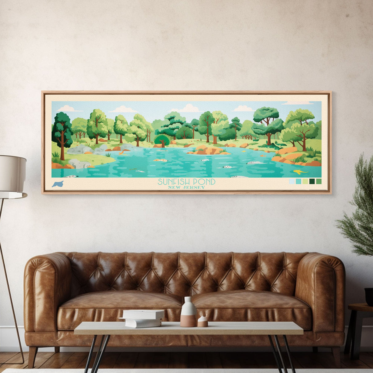 Sunfish Pond, New Jersey Framed Canvas Print, Lake House Decor, Midcentury Modern Art, Pop Art, Travel Poster, Bedroom Wall Art