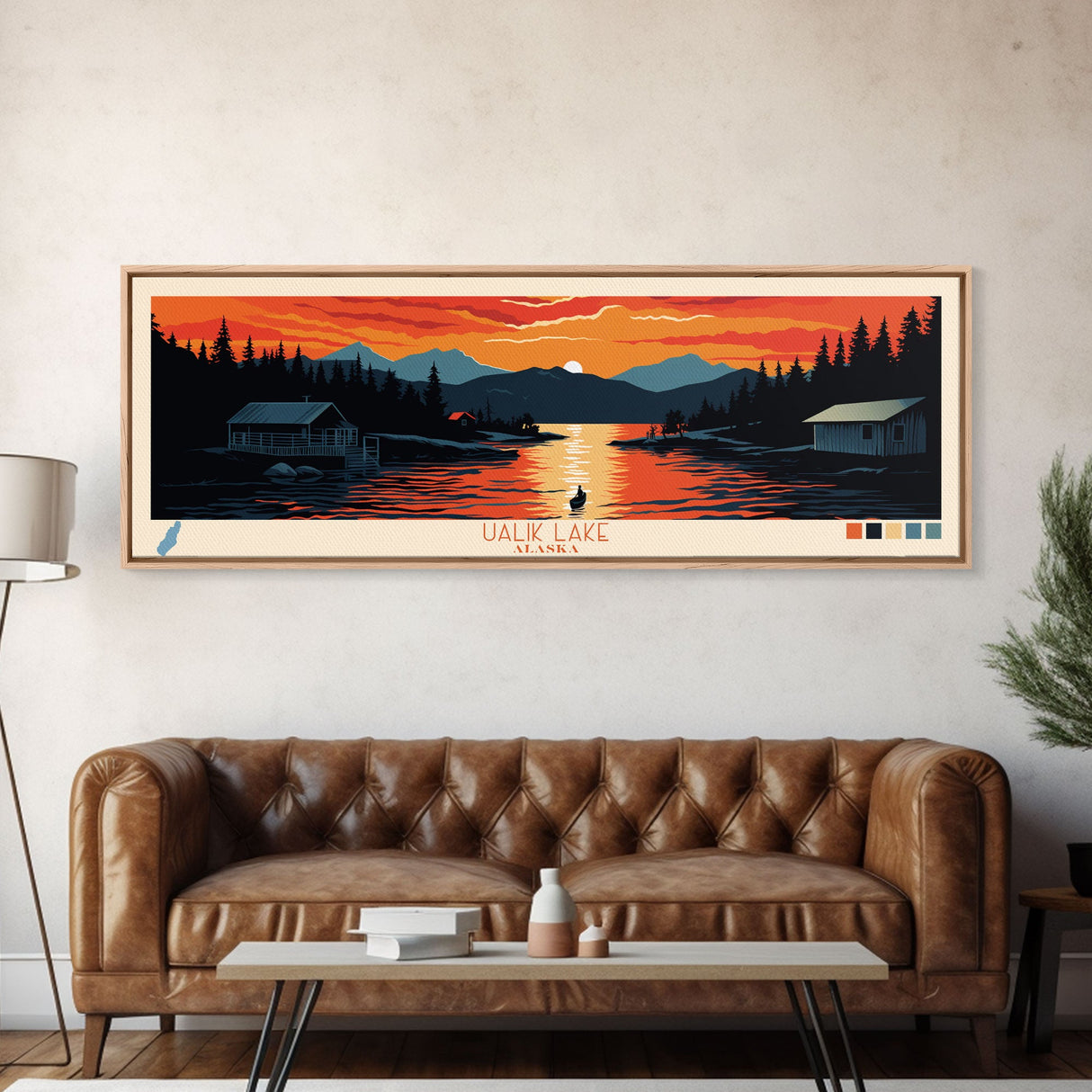 Ualik Lake, Alaska Framed Canvas Print, Lake House Decor, Midcentury Modern Art, Pop Art, Travel Poster, Living Room Wall Art