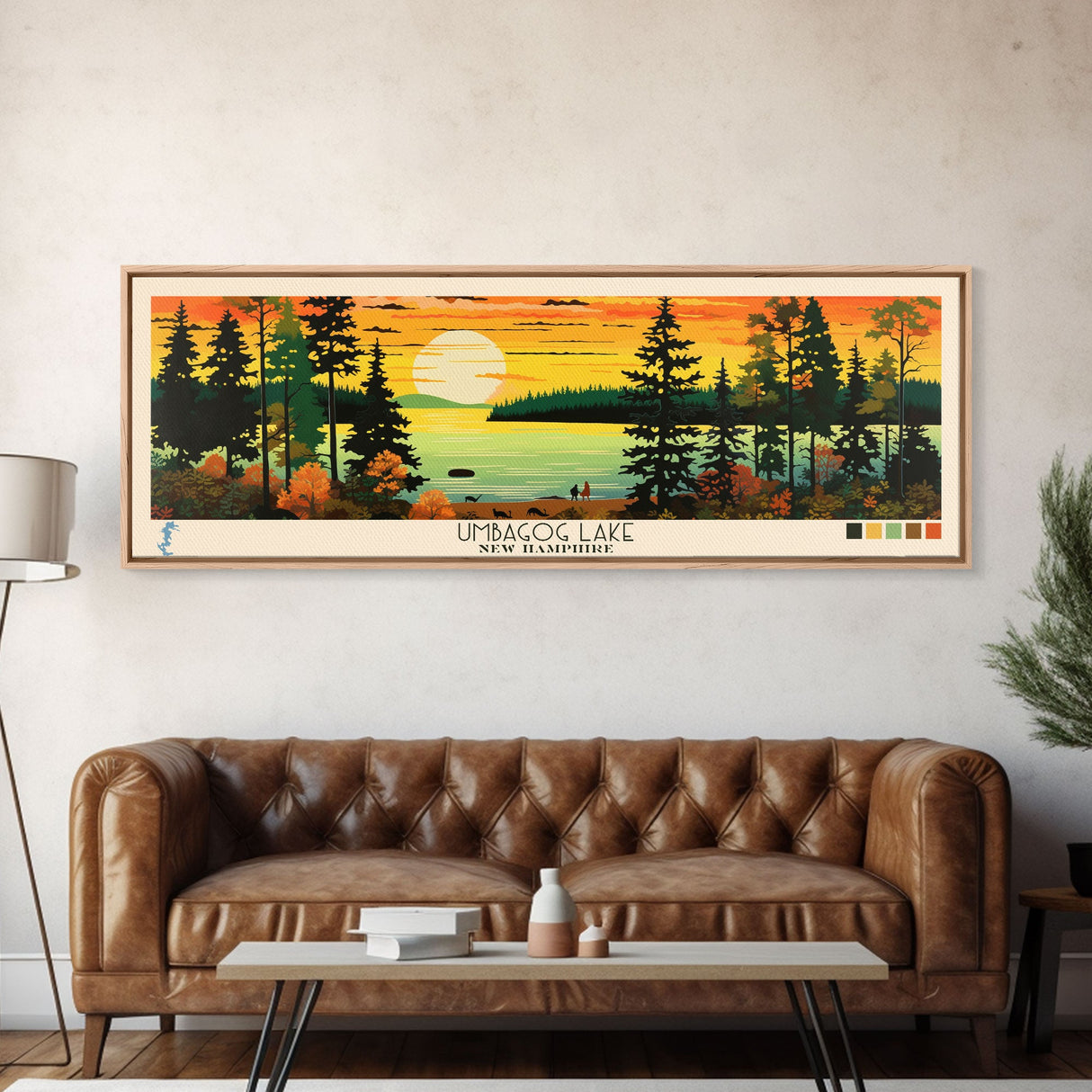 Umbagog Lake, New Hampshire Framed Canvas Print, Panoramic Lake House Art, Midcentury Modern Decor, Pop Art, Travel Poster, Living Room Wall Art