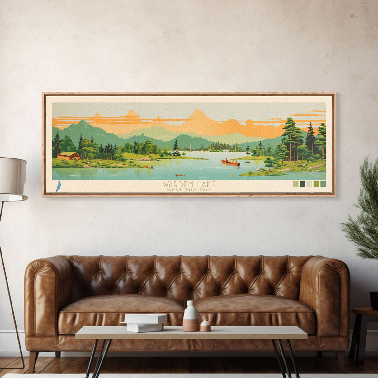 Warden Lake, West Virginia Framed Canvas Print, Panoramic Lake House Art, Midcentury Modern Decor, Pop Art, Travel Poster, Living Room Wall Art