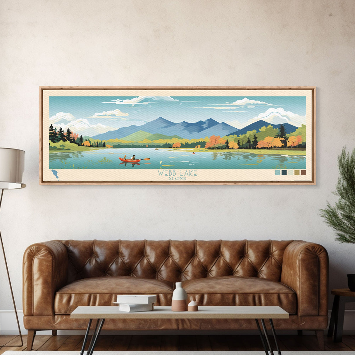 Webb Lake, Maine Framed Canvas Print, Midcentury Modern Lake House Decor, Panoramic Art, Pop Art, Travel Poster, Living Room Wall Art