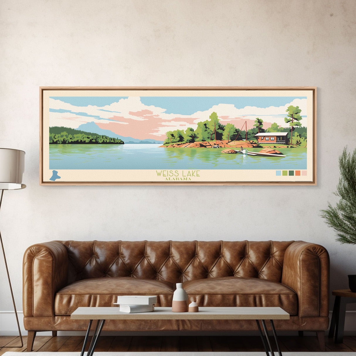 Weiss Lake, Alabama Framed Canvas Print, Lake House Decor, Panoramic Art, Midcentury Modern, Pop Art, Travel Poster, Living Room Wall Art