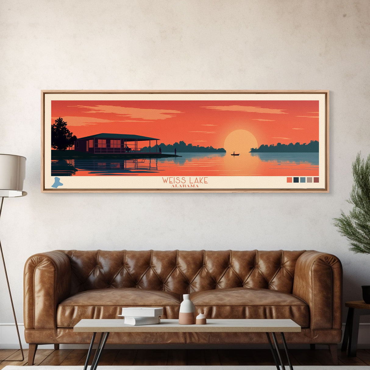 Weiss Lake, Alabama Framed Canvas Print, Panoramic Lake House Art, Midcentury Modern Decor, Pop Art, Travel Poster, Bedroom Wall Art