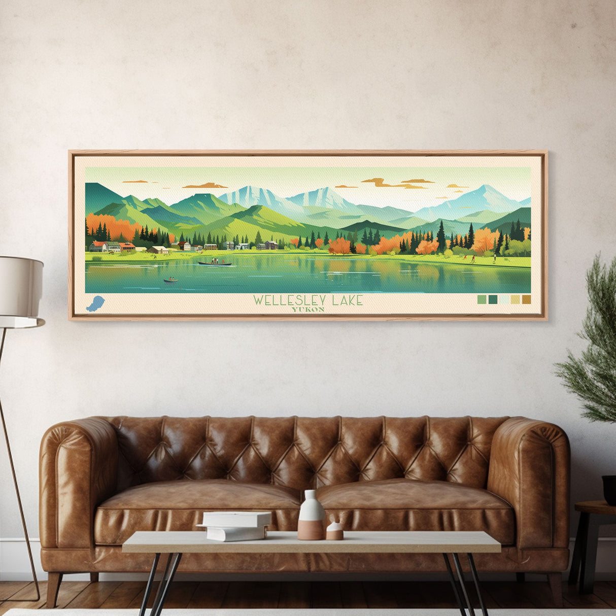 Wellesley Lake, Yukon Framed Canvas Print, Midcentury Modern Lake House Decor, Panoramic Art, Pop Art, Travel Poster, Living Room Wall Art