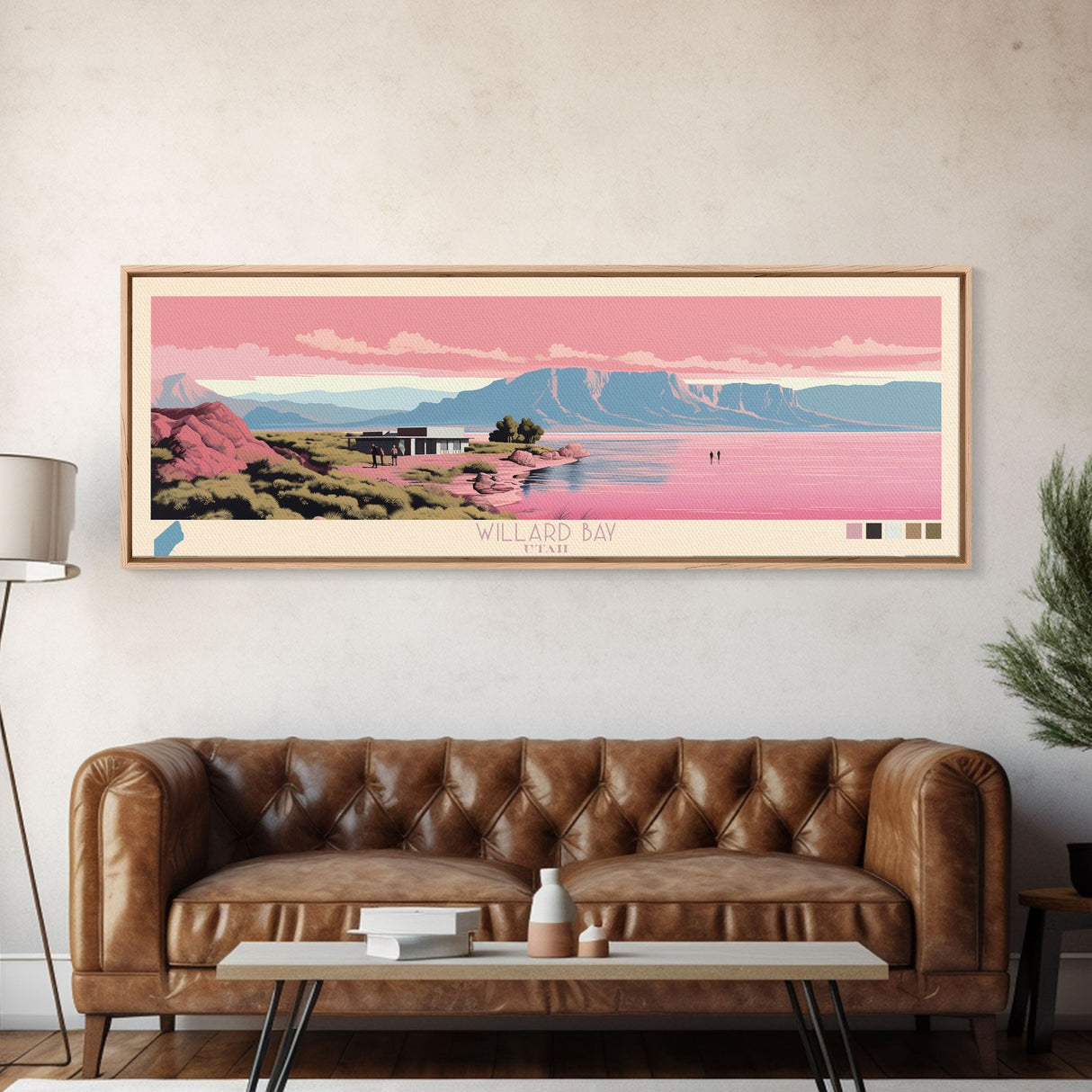 Willard Bay, Utah Framed Canvas Print, Panoramic Lake House Decor, Midcentury Modern Art, Pop Art, Travel Poster, Living Room Wall Art