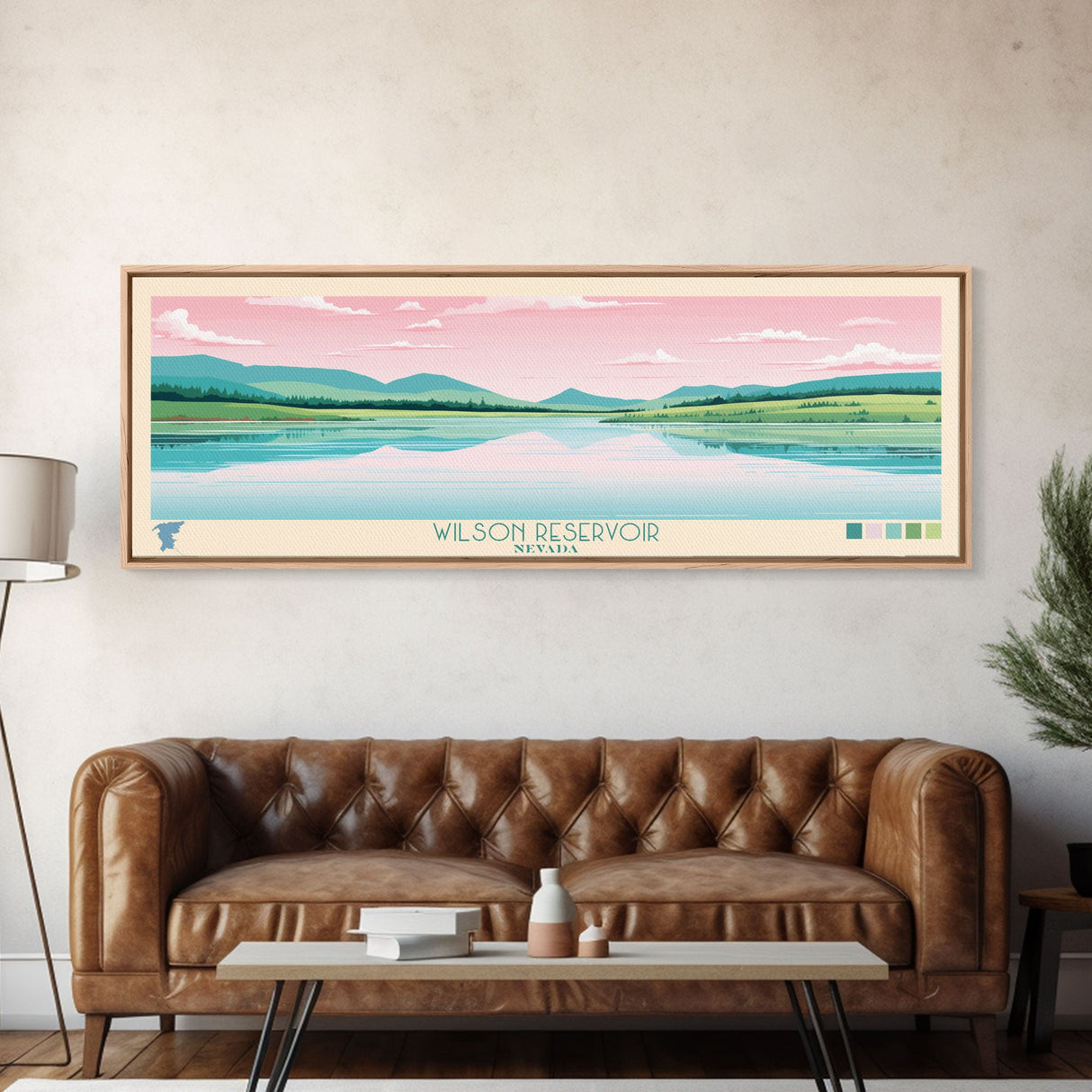 Wilson Reservoir, Nevada Panoramic Framed Canvas Print, Lake House Decor, Midcentury Modern Art, Pop Art, Travel Poster