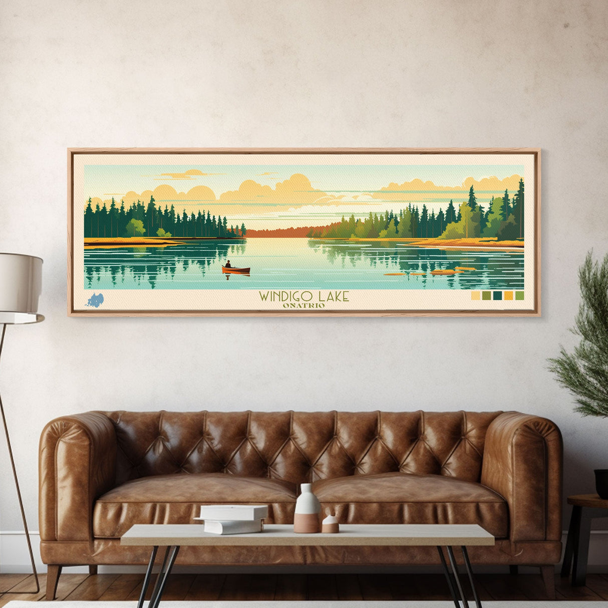 Windigo Lake, Ontario Panoramic Framed Canvas Print, Lake House Decor, Midcentury Modern Art, Pop Art, Travel Poster