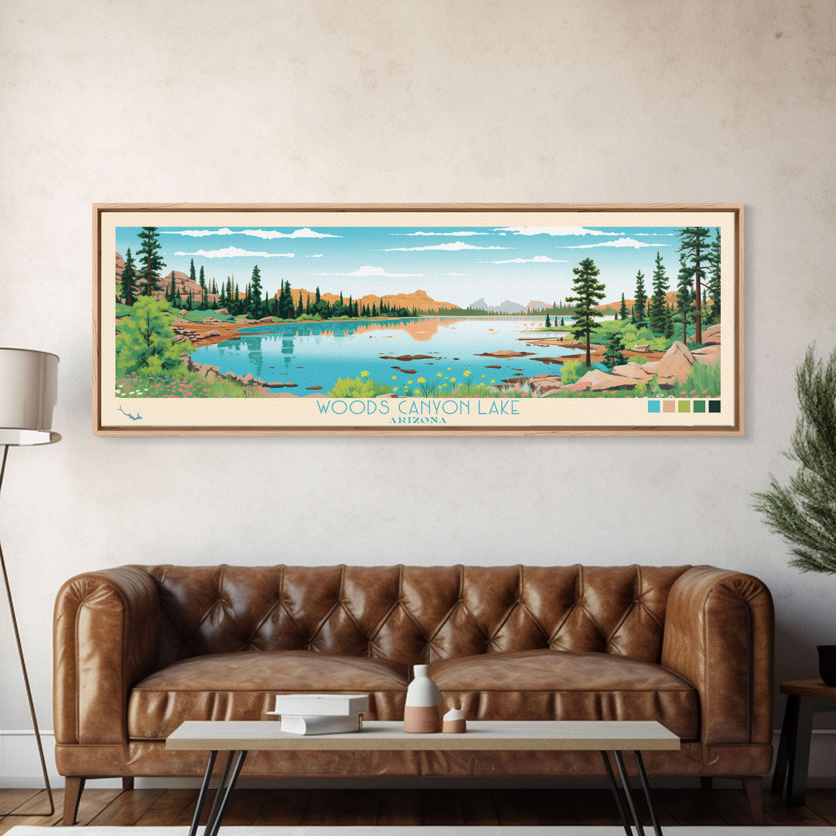 Woods Canyon Lake, Arizona Panoramic Framed Canvas Print, Lake House Art, Midcentury Modern Decor, Pop Art, Travel Poster