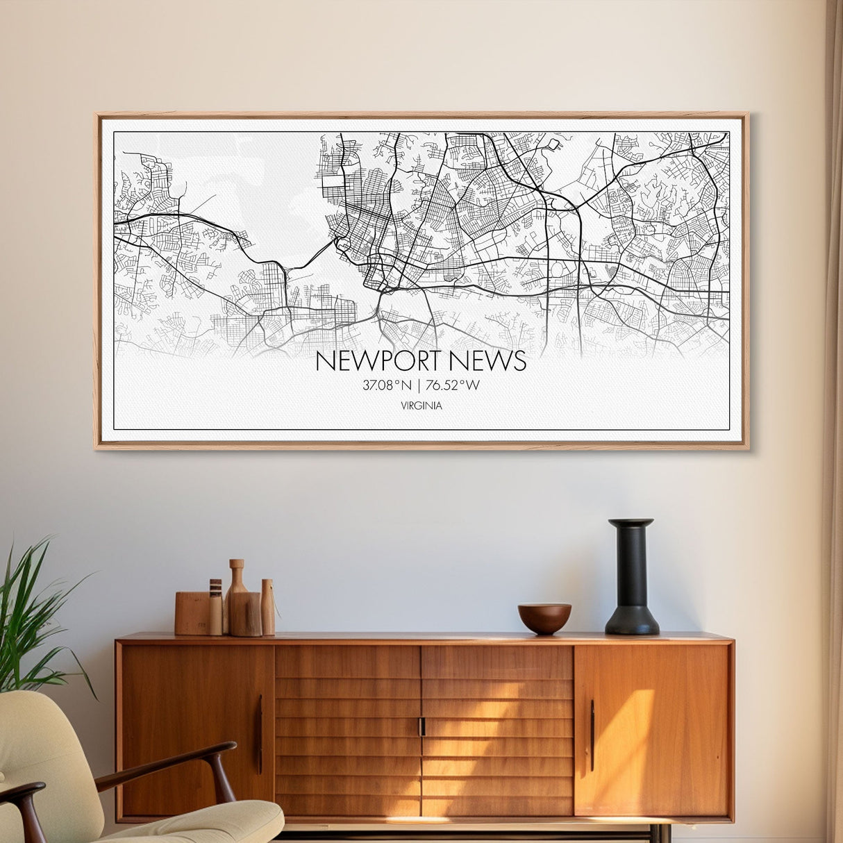 Newport News City Map, Virginia Art, Map Print, Minimalist Wall Art, Wall Art, Canvas Art, Panoramic Wall Art, Friend Gift, Office Wall Art