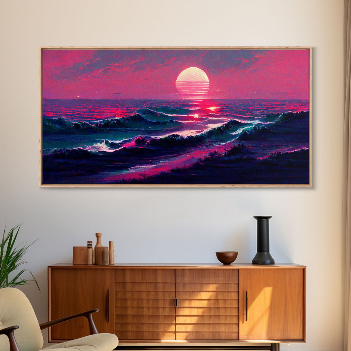 Synth wave sunset, ocean painting canvas print, outrun style, sun set art, wall decor, Made in Texas, ocean sunset, beach vaporwave