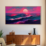 Synth wave sunset wall art, ocean painting canvas print, outrun style, sun set art, wall decor, ocean sunset, beach vaporwave, guest room