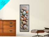 Printed Canvas Painting of Colorful Seashells on Beach, Vertical Coastal Art Print, Oversized Wall Art for Living Room, Housewarming Gift