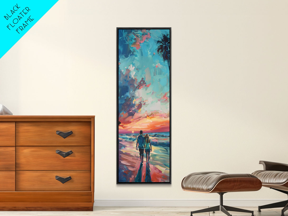 Framed Canvas Oil Painting of Sunset on Beach, Coastal Wall Art Print, Colorful Beach Art, Impasto Painting, Long and Narrow Landscape Art