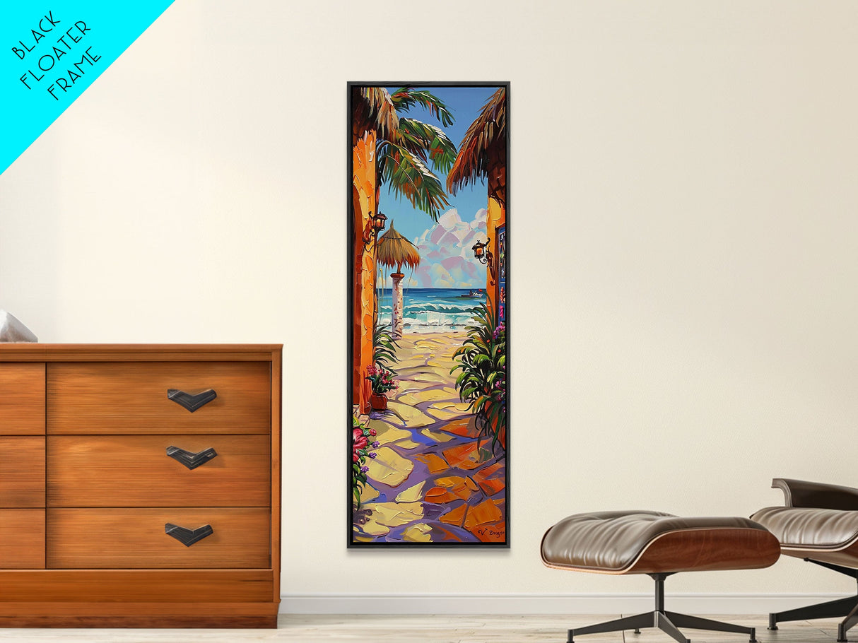 Tall and Narrow Modern Ocean Wall Print Framed on Canvas, Textured Painting of Beach, Contemporary Living Room Wall Art, Colorful Art Print