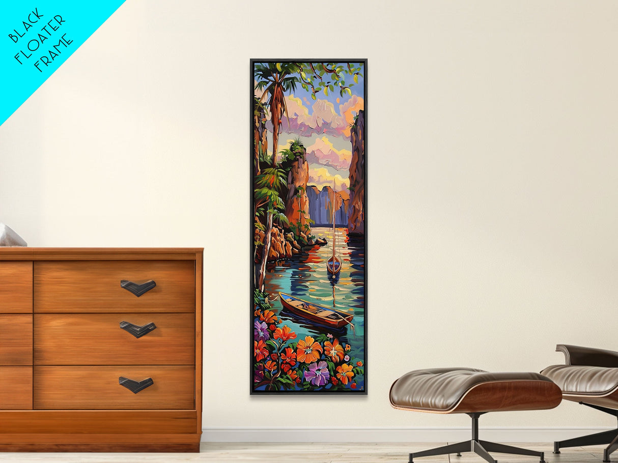 Tall and Narrow Framed Hawaii Art Print of Boats in Waterway, Canvas Painting Art for Beach House, Vertical Framed Wall Art Print