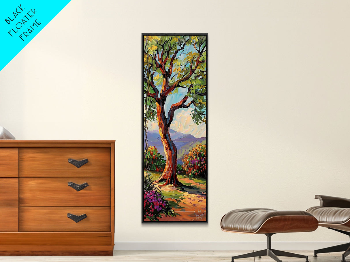 Vertical Botanical Canvas Print of Mountain Landscape Framed, Colorful Textured Canvas Art, Tree Art, Abstract Modern Art for Living Room