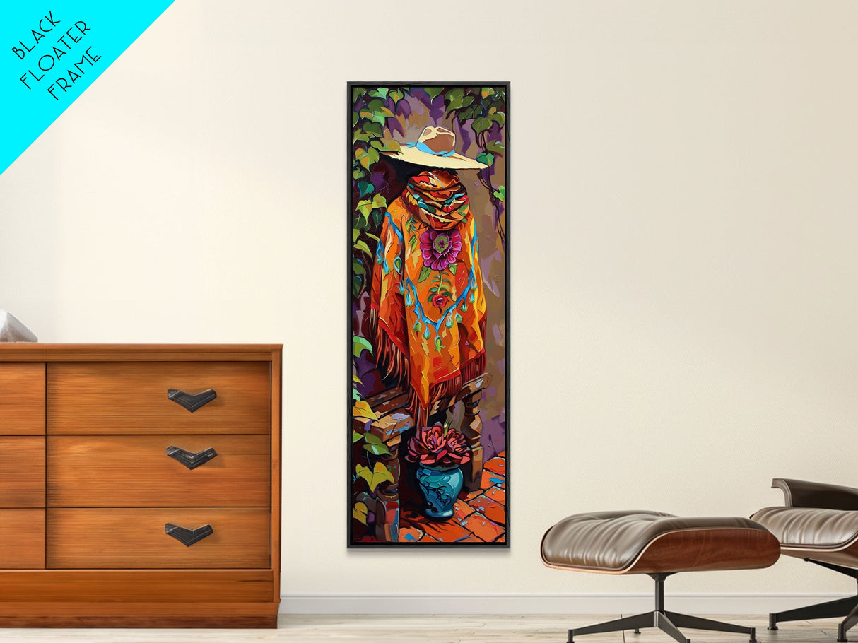 Abstract Southwest Mexican Inspired Framed Oversized Vertical Art Print, Jalisco Style Canvas Painting Framed, Colorful Rustic Spanish Art