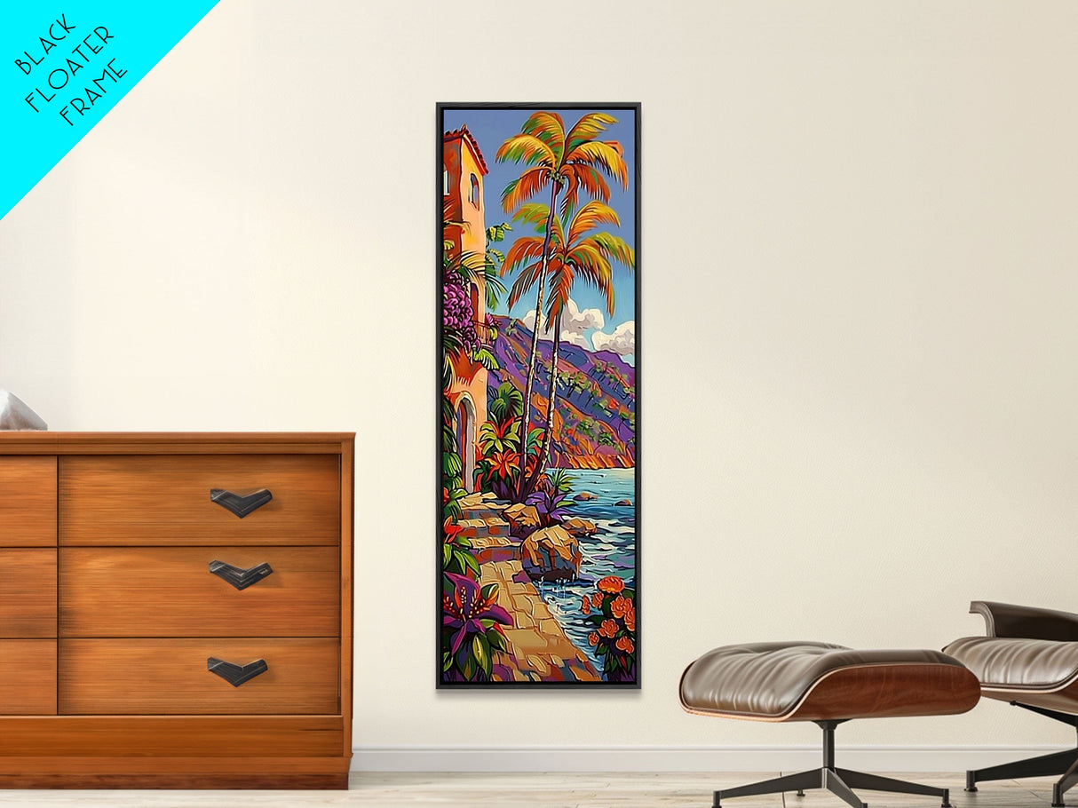 Impasto Painting of Capri Inspired Coast Framed on Canvas, Vertical Tall and Narrow Canvas Painting, Textured Coastal Beach Print, Tropical Art