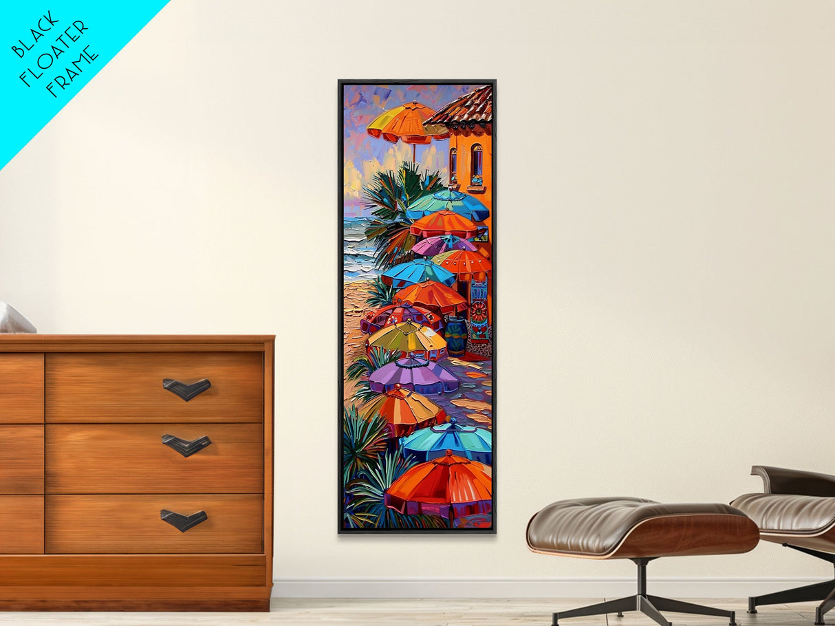 Long Narrow Coastal Wall Print of Colorful Umbrellas on Beach, Framed Canvas Beach Wall Art, Maximalist Wall Art, Wall Art for Living Room