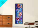 Vertical Calavera Sugar Skull Day of The Dead Canvas Painting Framed, Mexican Framed Art, Colorful Living Room Wall Art, Modern Abstract Art