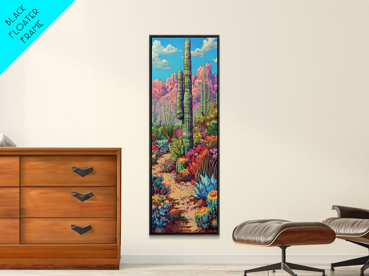 Tall and Narrow Colorful Desert Art Framed Canvas Print, Western Cactus Painting, Desert Landscape Art, Framed Living Room Art