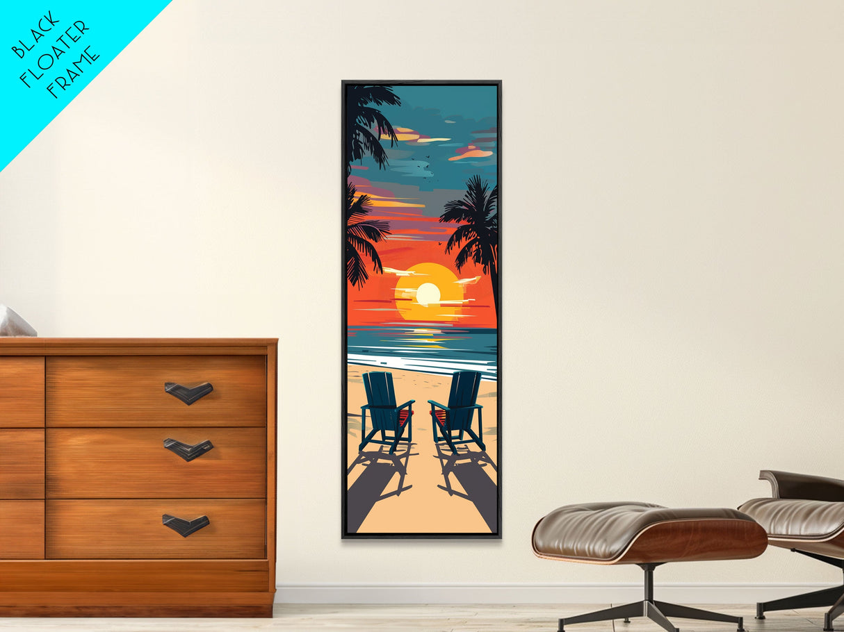 Palm Trees Sunset Midcentury Modern Wall Art - Framed Canvas Print, Boho Art, Skinny Art, Living Room Art, Bedroom Decor, Beach Landscape