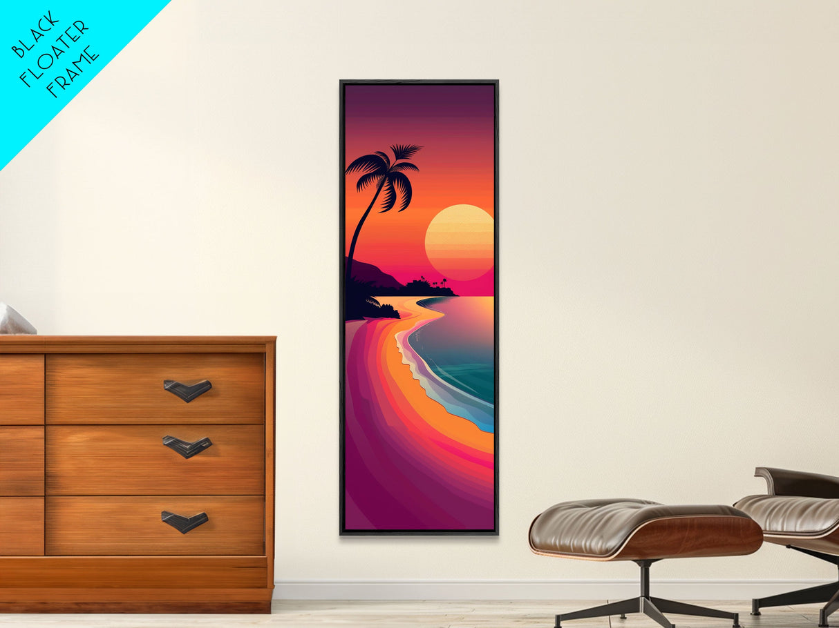 Modern Sunset Coastal Scene Midcentury Modern Art - Framed Canvas Print, Boho Art, Skinny Art, Living Room Art, Bedroom Decor, Beach Landscape