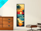 Sunset Beach with Palm Trees and Ocean View - Framed Canvas Print, Midcentury Modern Wall Art, Skinny Art, Tall Art, Living Room Decor