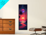 Moonlit Tropical Landscape Midcentury Modern Art - Framed Canvas Print, Boho Art, Skinny Art, Living Room Art, Bedroom Decor, Nighttime Beach