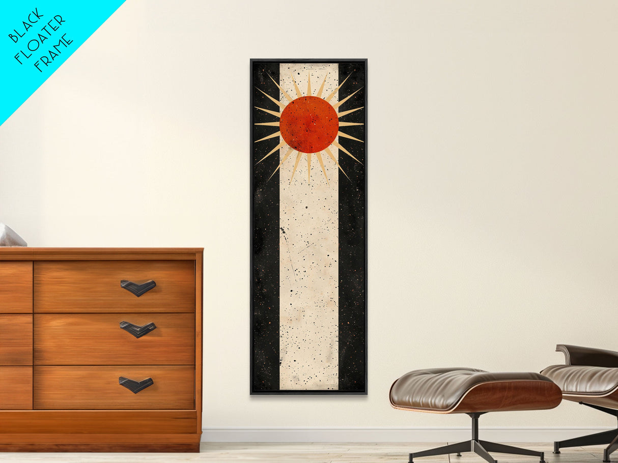 Abstract Sunburst Design on Distressed Background - Framed Canvas Print, Midcentury Modern Art, Skinny Art, Tall Art, Living Room Wall Decor