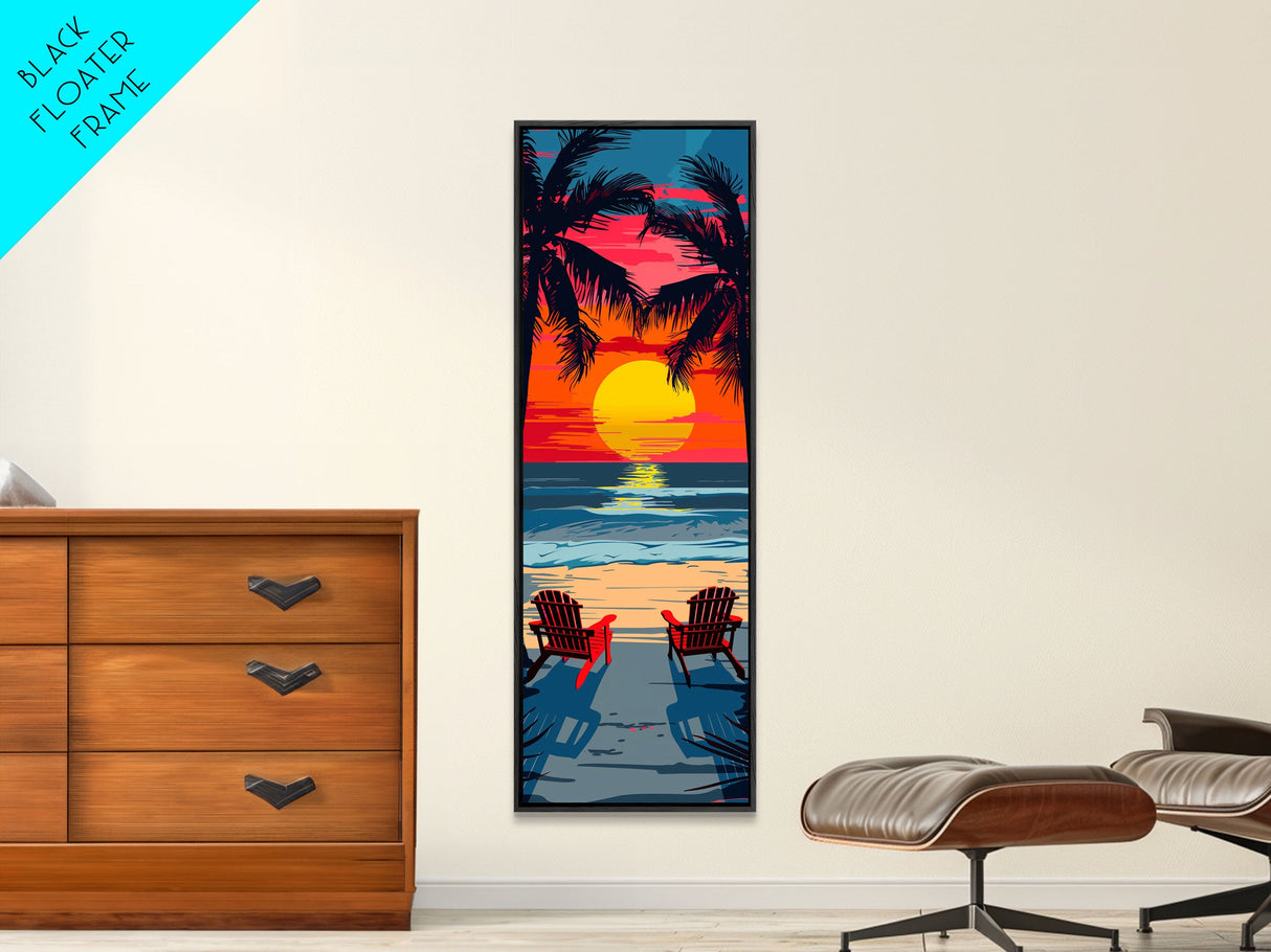 Sunset Beach Chairs Midcentury Modern Wall Art - Framed Canvas Print, Boho Art, Skinny Art, Living Room Art, Bedroom Decor, Tropical Landscape