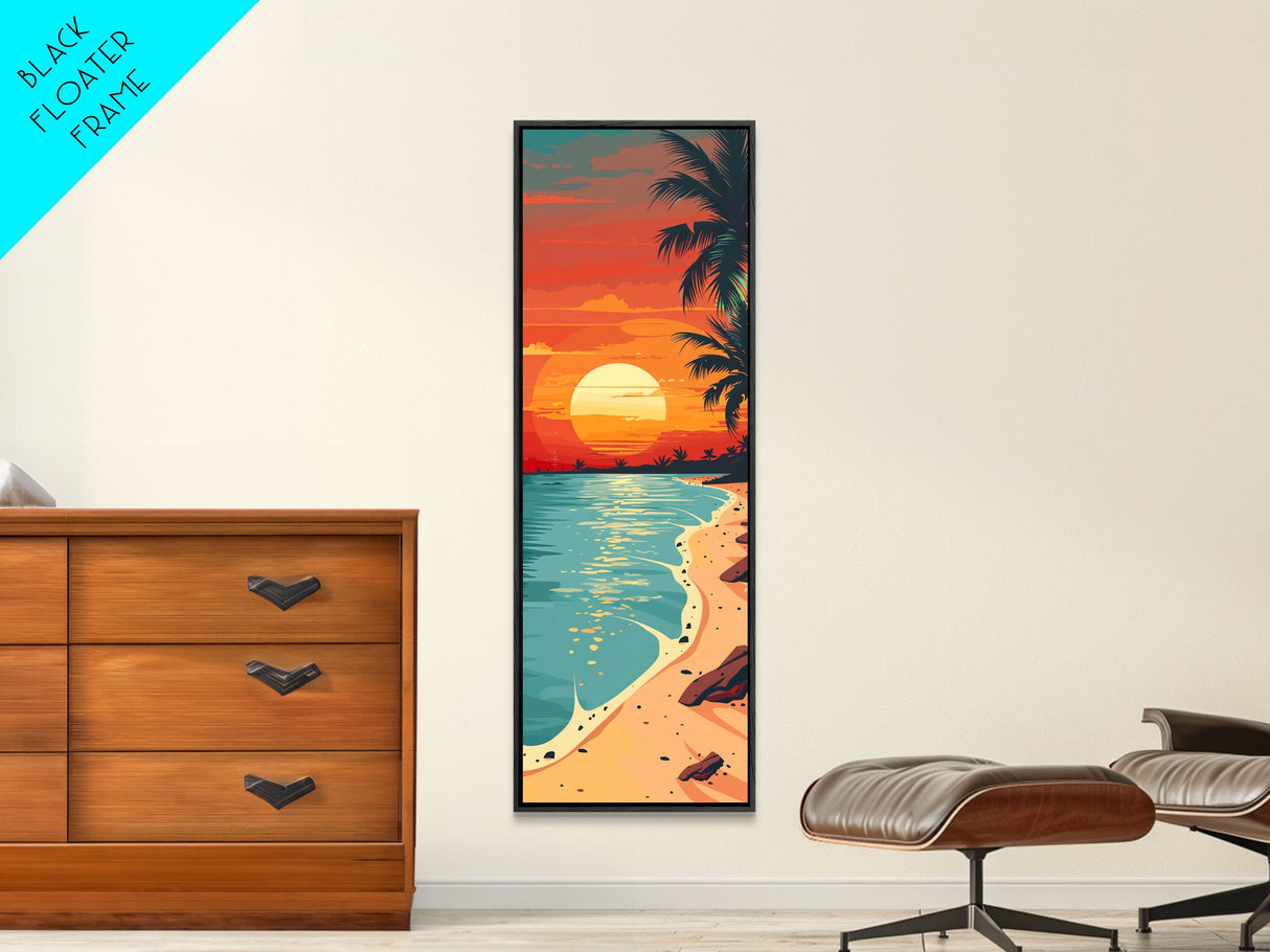 Serene Sunset Beach Scene Midcentury Modern Art - Framed Canvas Print, Boho Art, Skinny Art, Living Room Art, Bedroom Decor, Coastal Landscape