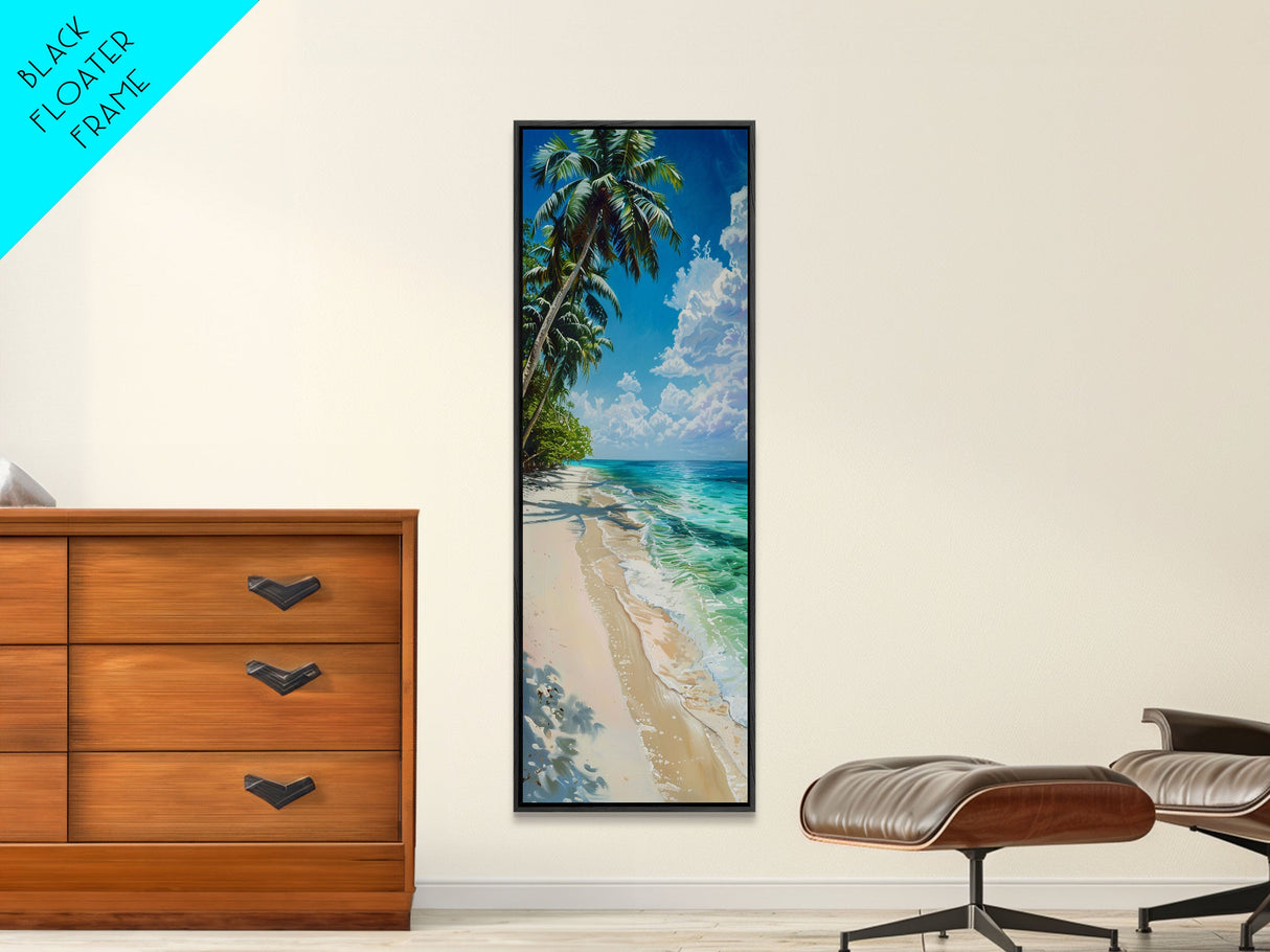 Sunny Coastal Beach Scene With Shaded Palm Trees Skinny Art Framed Canvas Print For Living Room Wall Art