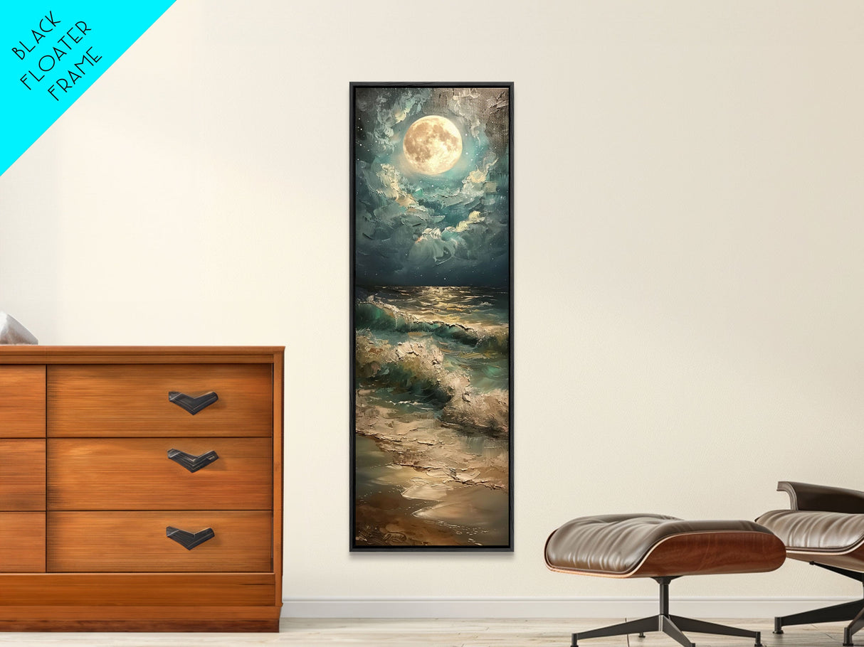 Mystical Moonlit Waves and Reflections Over the Ocean, Skinny and Tall Art, Captivating Landscape Painting, Framed Canvas Print, Wall Decor