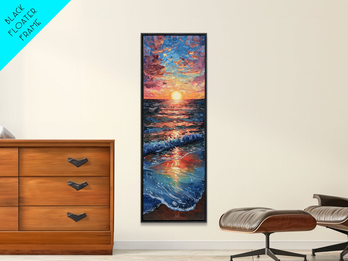 Ocean Sunset Canvas Print - Framed Canvas Print, Skinny Tall Art, Coastal Landscape Wall Art, Living Room Decor, Sunset Painting for Home