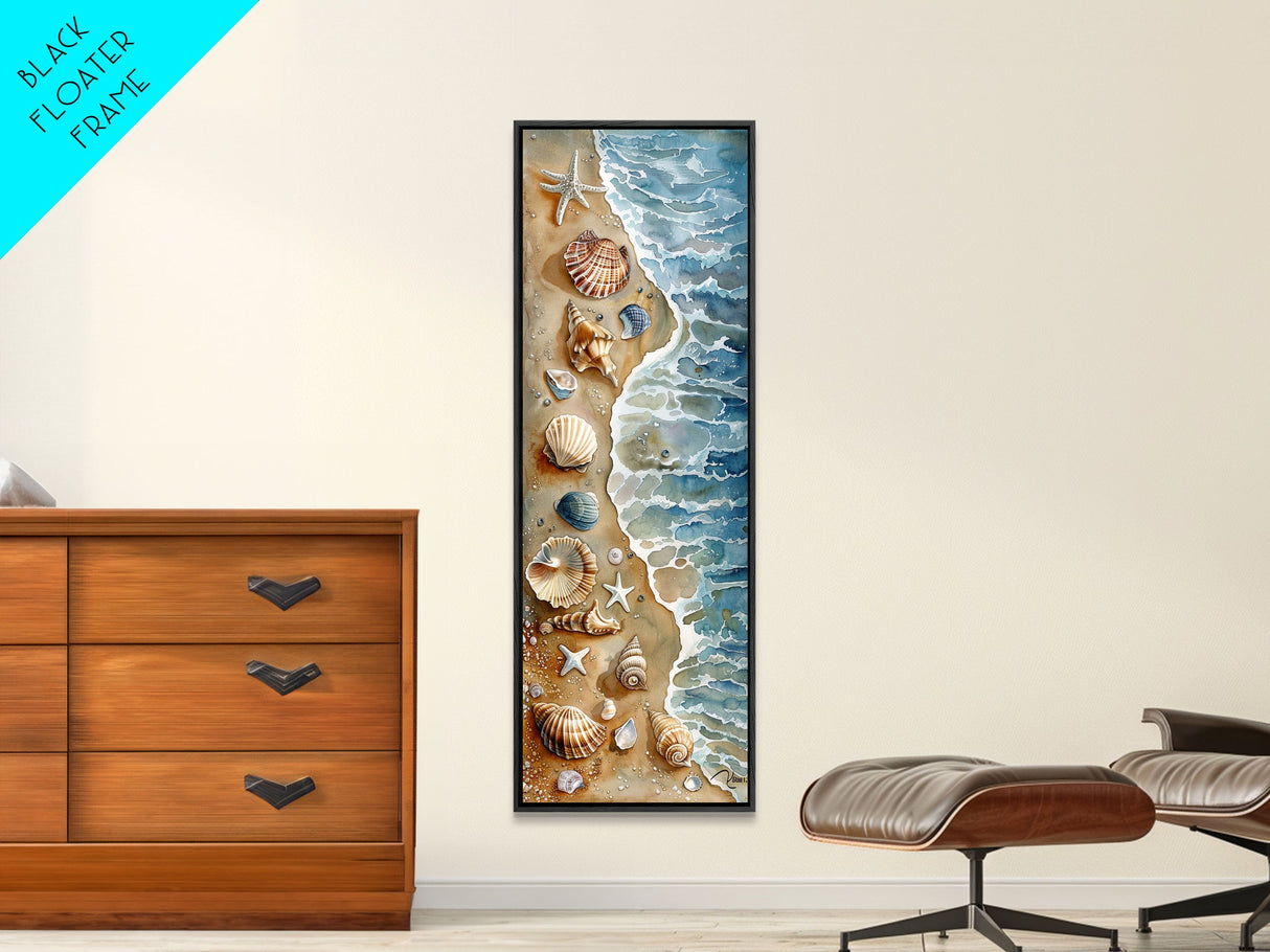 Seashells and Starfish Beach Art - Framed Canvas Print, Skinny Tall Art, Coastal Wall Art, Living Room Decor, Bedroom Art, Seashell Painting