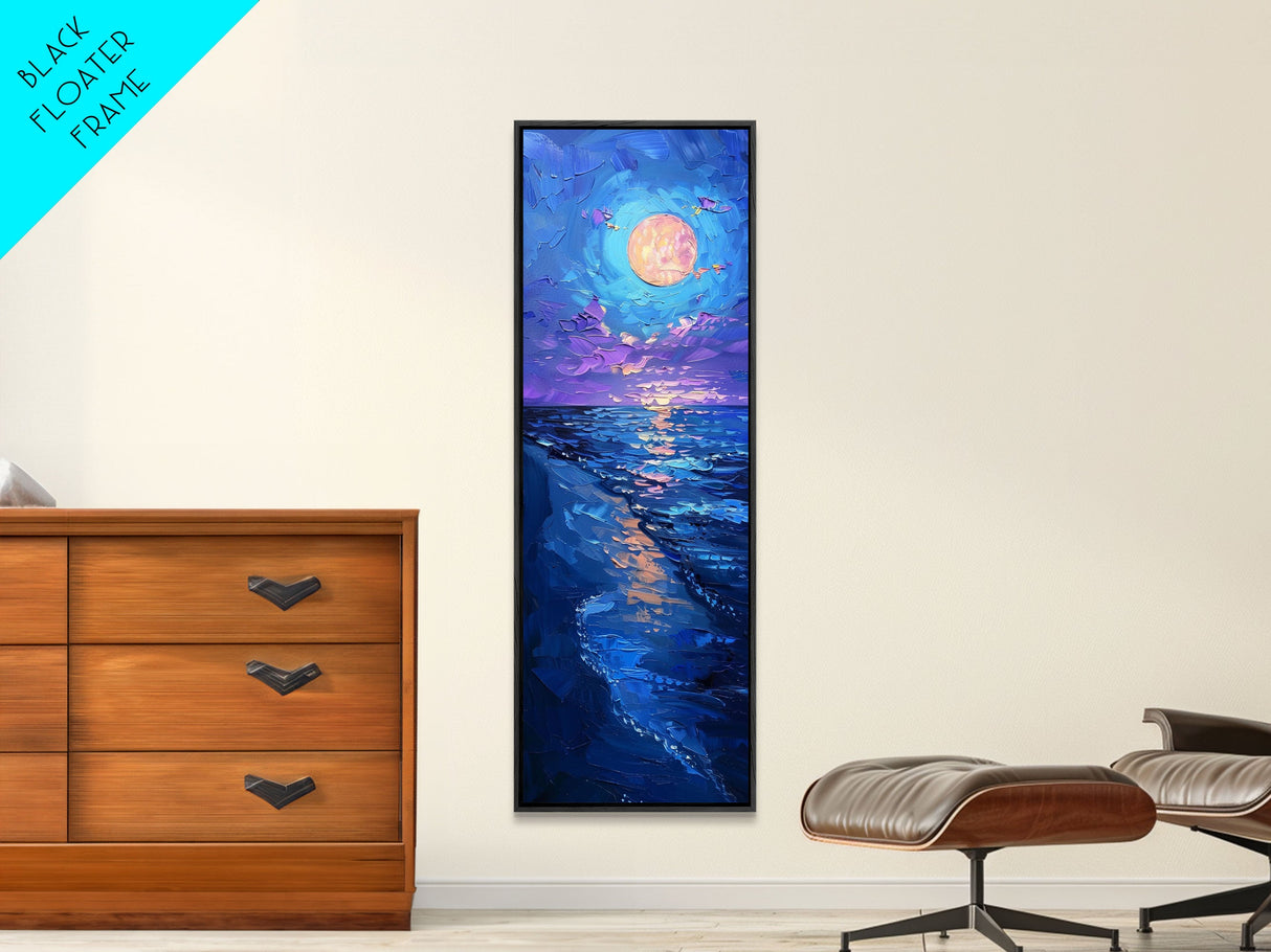 Vibrant Night Sky Over the Ocean with Full Moon, Skinny and Tall Art, Bold and Colorful Framed Canvas Print, Landscape Wall Art