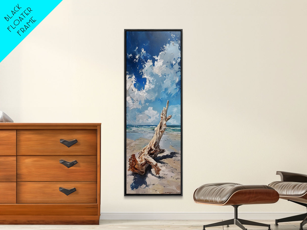 Framed Canvas Print Tall Art Featuring a Piece of Driftwood on a Sandy Beach with Bright Blue Sky and Ocean Waves, Ideal Skinny Art for Coastal Homes