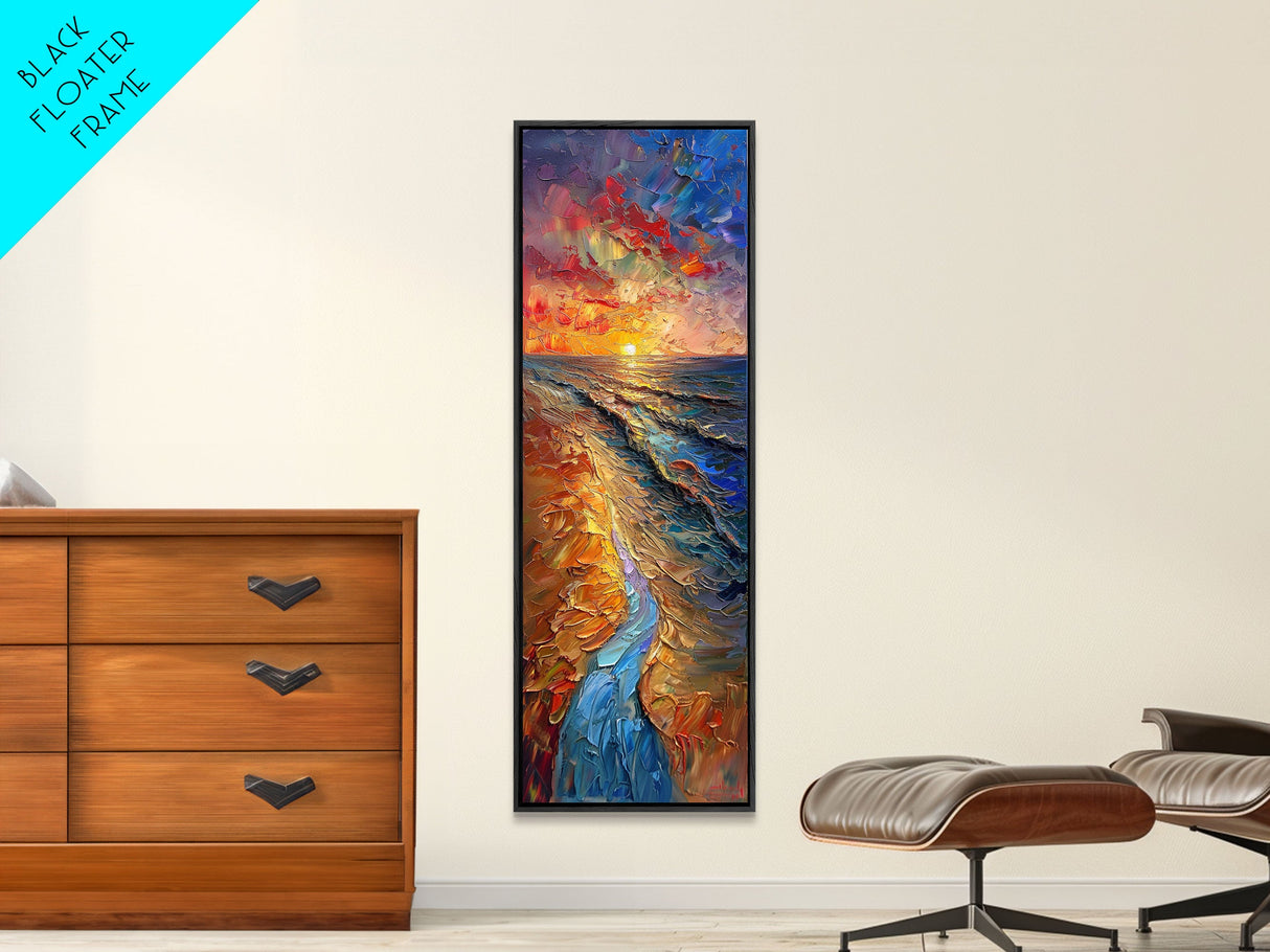 Framed Canvas Print Skinny Art of a Vibrant Sunset Over a Rolling Ocean with Dramatic Colors in the Sky and Water, Ideal Tall Art for Modern Spaces