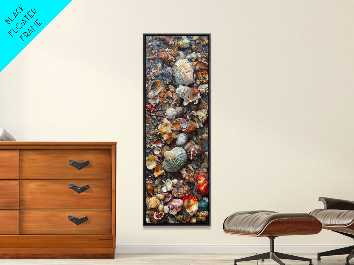 Framed Canvas Print Skinny Art of a Variety of Colorful Seashells Arranged in a Textured Pattern, Perfect Tall Art for Beach Themed Rooms