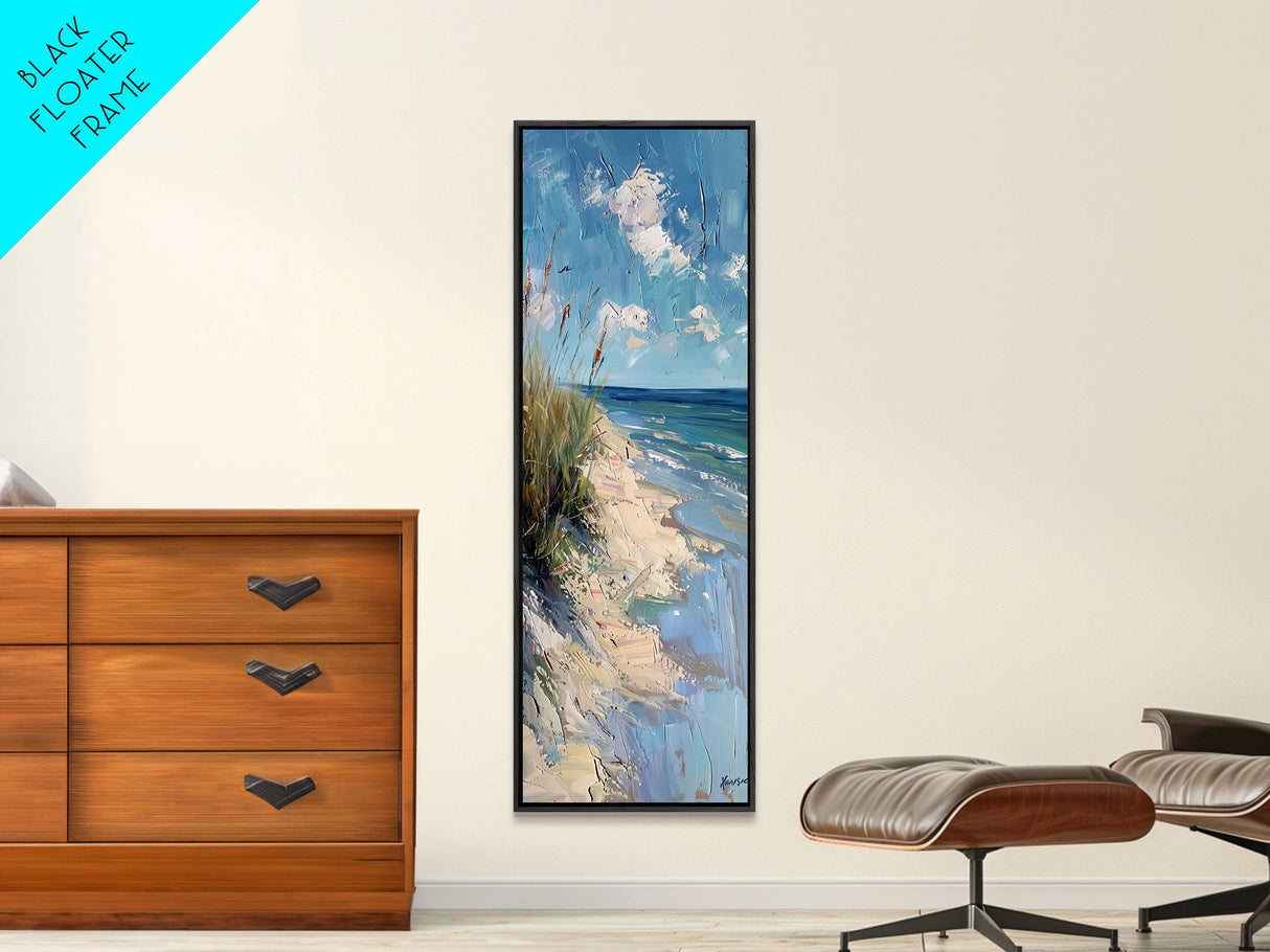 Framed Canvas Print Skinny Art of a Peaceful Beach Scene with Sea Oats Blowing in the Wind and Gentle Waves in the Background, Perfect Tall Art for Homes