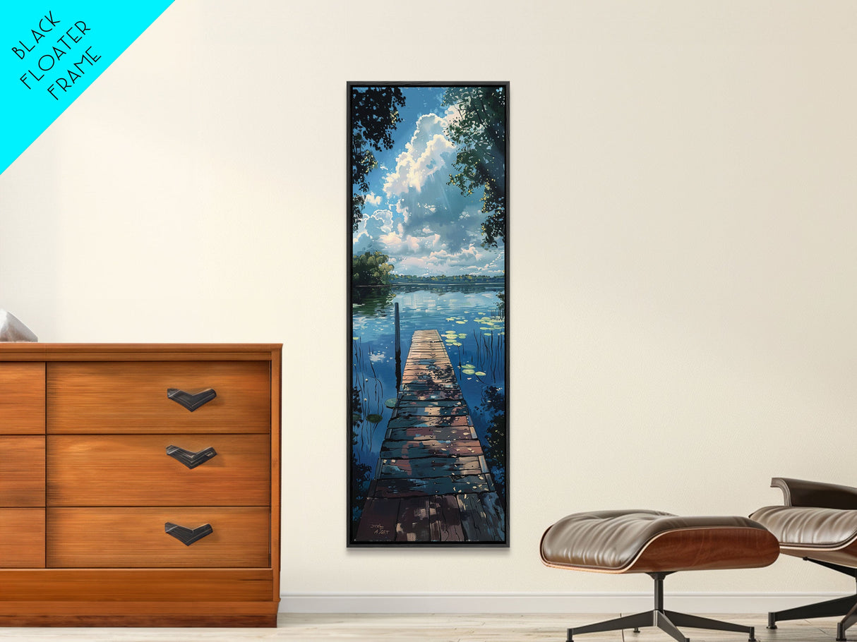 Lake Life, Framed Canvas Print, Summer At The Lake, Dock and Lilly Pads, Skinny Tall Panoramic Landscape Painting, Living Room Art