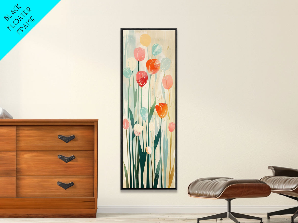 Abstract Tulips, Pastel Colors, Japanese Art, Skinny Art, Tall Art, Framed Canvas Print, Ukiyo-e Style