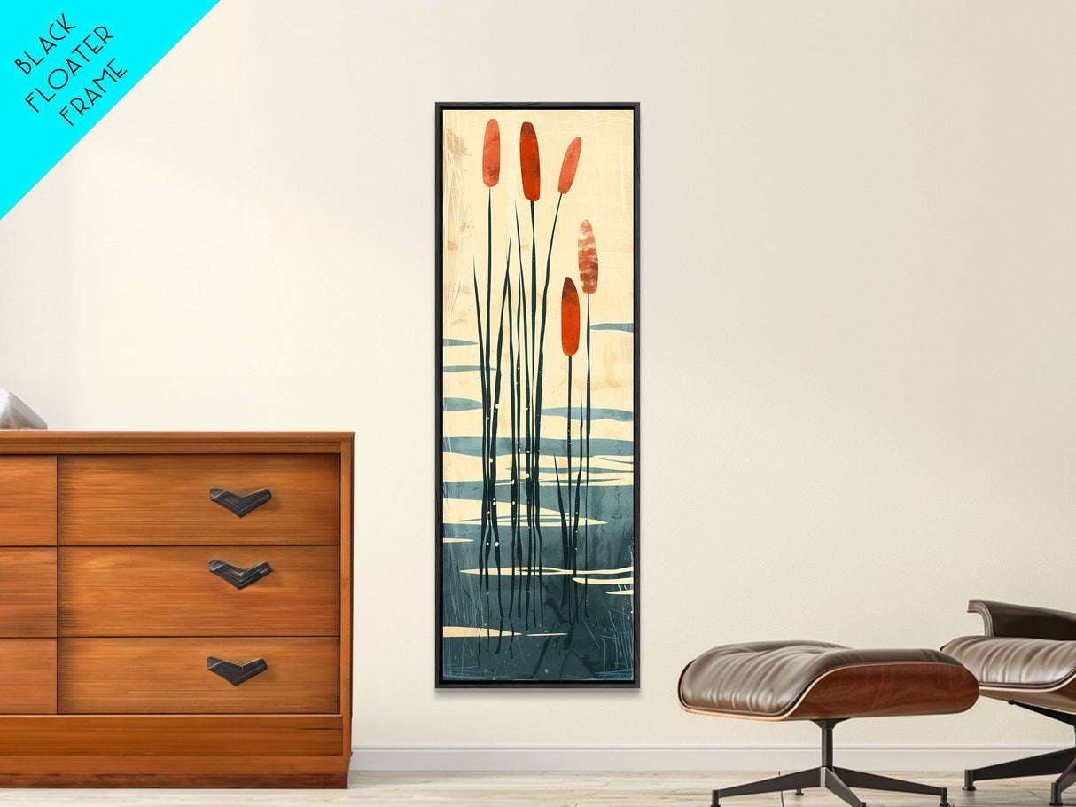 Skinny Art Tall Art Framed Canvas Print Minimalist Cattail Plants With Abstract Lines And Earthy Tones Ukiyo-e Japanese Style Art